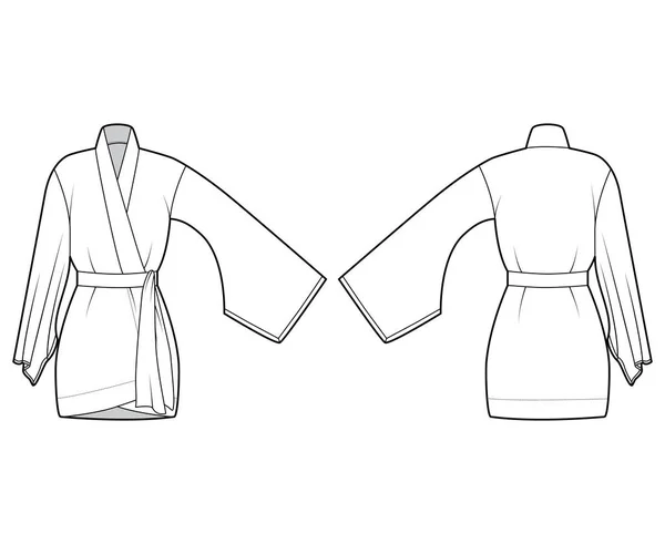 Kimono bata técnica moda ilustración con mangas anchas largas, cinturón para cinchar la cintura, por encima de la longitud de la rodilla. — Archivo Imágenes Vectoriales