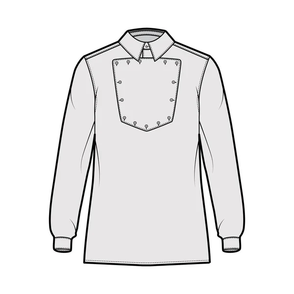 Chemise cavalerie Officier illustration de mode technique avec bavette, manches longues, coupe relax, col classique. Plat — Image vectorielle