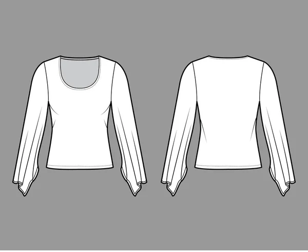 Top con Kimono manga larga ilustración técnica de moda con ajuste delgado, bajo la longitud de la cintura. Blusa de ropa plana — Vector de stock