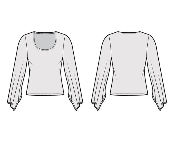 Топ с длинным кимоно - это техническая модная иллюстрация с тонкой подкладкой, длиной ниже талии. Плоская блузка — стоковый вектор