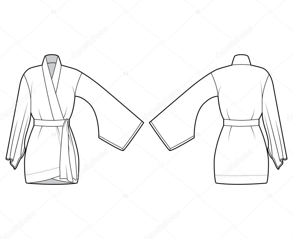 Download Kimono Robe Technical Fashion Illustration With Long Wide Sleeves Belt To Cinch The Waist Above The Knee Length Flat Apparel Blouse Template Front Back White Color Women Unisex Cad Shirt Mockup 429976446 Larastock