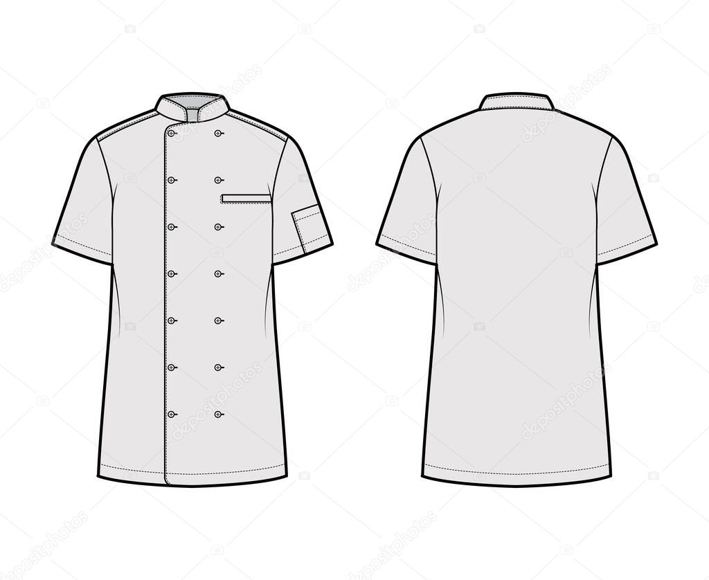 Shirt bakers chefs uniform technical fashion illustration with short sleeves, welt pockets, relax fit, double breasted