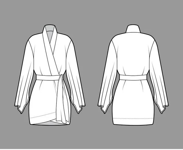 Kimono roupão técnica moda ilustração com mangas largas longas, cinto para cinch a cintura, acima do joelho comprimento. —  Vetores de Stock