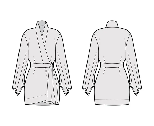 Kimono bata técnica moda ilustración con mangas anchas largas, cinturón para cinchar la cintura, por encima de la longitud de la rodilla. — Vector de stock