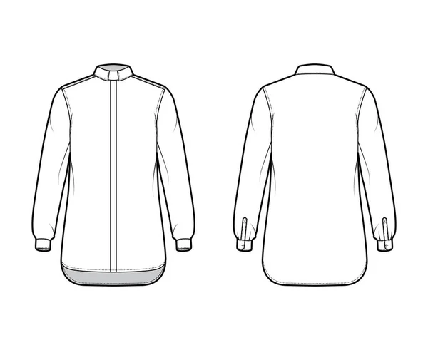 Skjorta präster teknisk mode illustration med långa ärmar med manschett, slappna av passform, dold knapp-down, Tab krage — Stock vektor