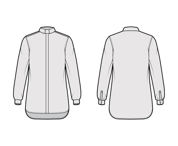 Chemise clergé illustration de mode technique à manches longues avec poignets, coupe relax, boutonnage dissimulé, col à onglets — Image vectorielle
