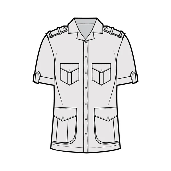 Skjorta safari teknisk mode illustration med korta ärmar, flikar fickor, slappna av passform, knapp-down, epauletter krage — Stock vektor
