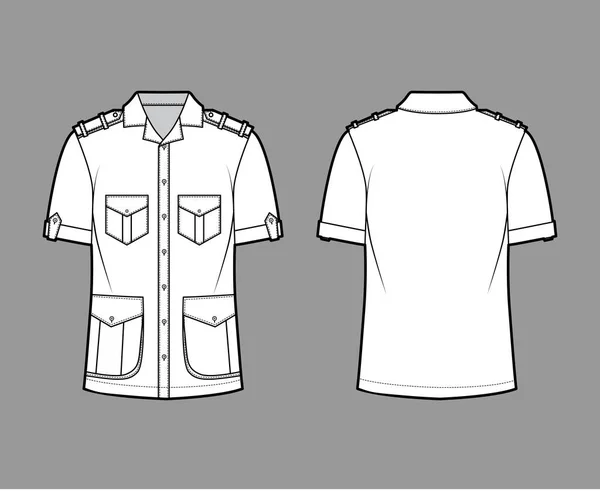 Koszula safari techniczne moda Ilustracja z krótkimi rękawami, klapy kieszenie, relaks fit, przycisk-down, kołnierz epaulettes — Wektor stockowy