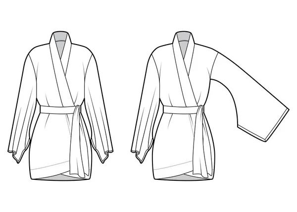 袖丈の長い着物のローブの技術的なファッションイラストのセットは、ベルトの腰を、膝の上の長さをシンチする — ストックベクタ