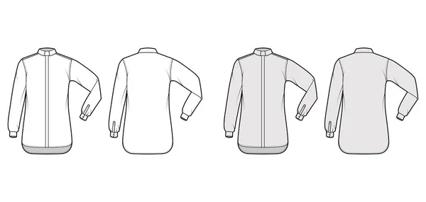 Skjorta präster teknisk mode illustration med armbåge vika långa ärmar, slappna av passform, dold knapp-down, Tab krage — Stock vektor