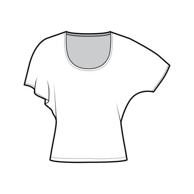 Orta boy kollu, teknik moda illüstrasyonlu, rahat, bel altı, yuvarlak yakalı bir top. Düz