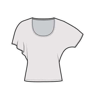 Orta boy kollu, teknik moda illüstrasyonlu, rahat, bel altı, yuvarlak yakalı bir top. Düz