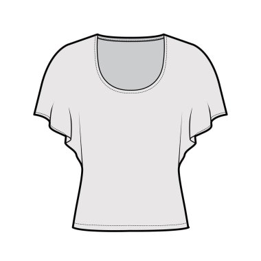 Orta boy kollu, teknik moda illüstrasyonlu, rahat, bel altı, yuvarlak yakalı bir top. Düz