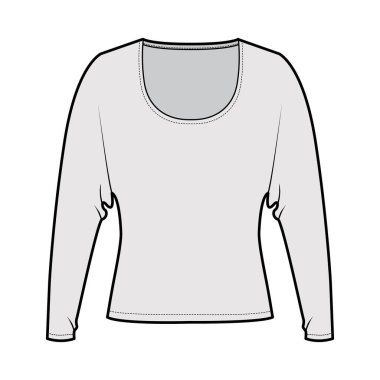 Üstte uzun kollu, teknik moda illüstrasyonlu, rahat, bel altı, yuvarlak yakalı. Düz