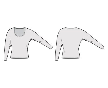 Üstte uzun kollu, teknik moda illüstrasyonlu, rahat, bel altı, yuvarlak yakalı. Düz