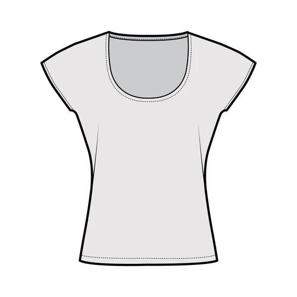 Top avec manches courtes batwing illustration de mode technique avec ajustement relax, longueur sous la taille, encolure ronde. Plat — Image vectorielle