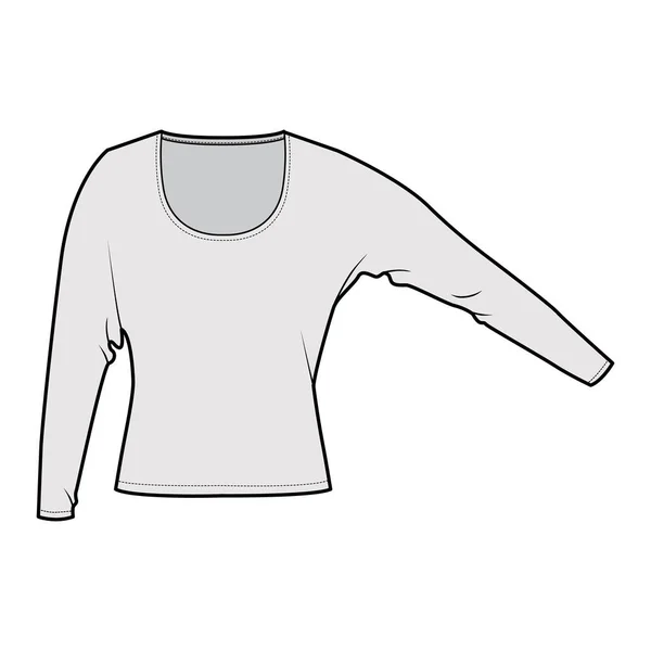 Top con maniche lunghe dolman illustrazione tecnica di moda con vestibilità relax, sotto la lunghezza della vita, scollatura rotonda. Piatto — Vettoriale Stock