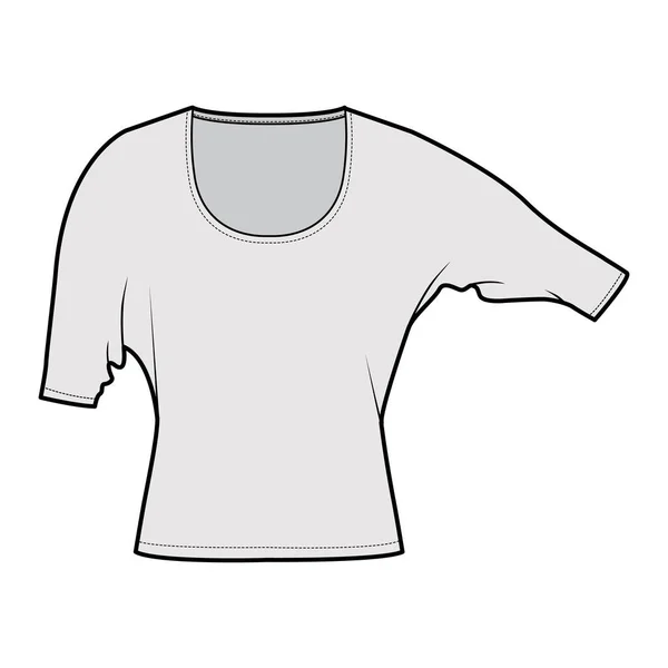 Top con mangas dolman codo ilustración técnica de moda con ajuste relajante, bajo la longitud de la cintura, escote redondo. Plano — Vector de stock