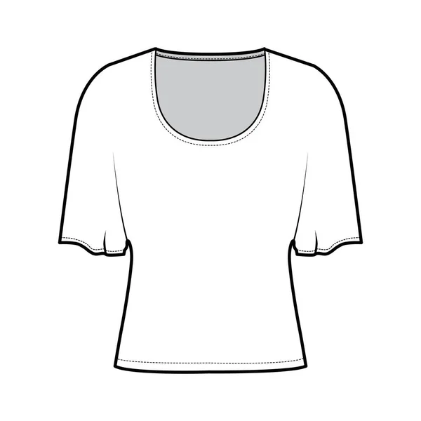 Top con mangas de bateo codo ilustración técnica de moda con ajuste relajante, bajo la longitud de la cintura, escote redondo. Plano — Vector de stock
