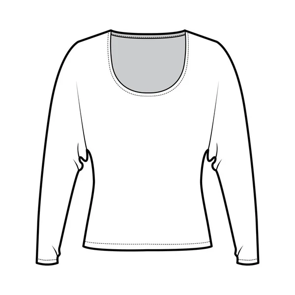 Top con mangas dolman largas ilustración técnica de moda con ajuste relajante, bajo la longitud de la cintura, escote redondo. Plano — Vector de stock