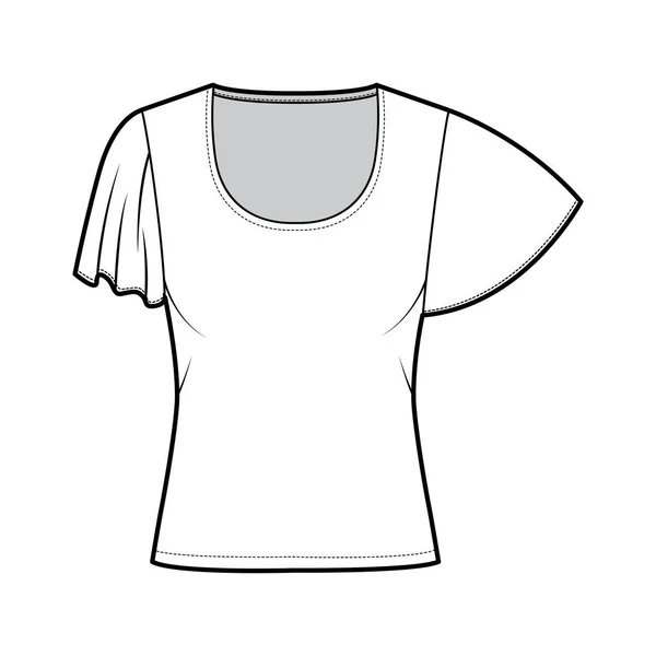 Top met korte cirkelmouwen technische mode illustratie met relax fit, onder taille lengte, ronde hals. Vlak — Stockvector