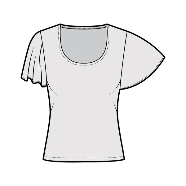 Top avec des manches courtes cercle illustration de mode technique avec ajustement relax, longueur sous la taille, encolure ronde. Plat — Image vectorielle