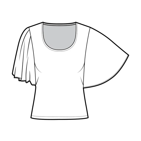 Top mit Ellenbogen-Kreis Ärmel technische Mode Illustration mit entspannter Passform, unter Taillenlänge, runder Ausschnitt. Flach — Stockvektor