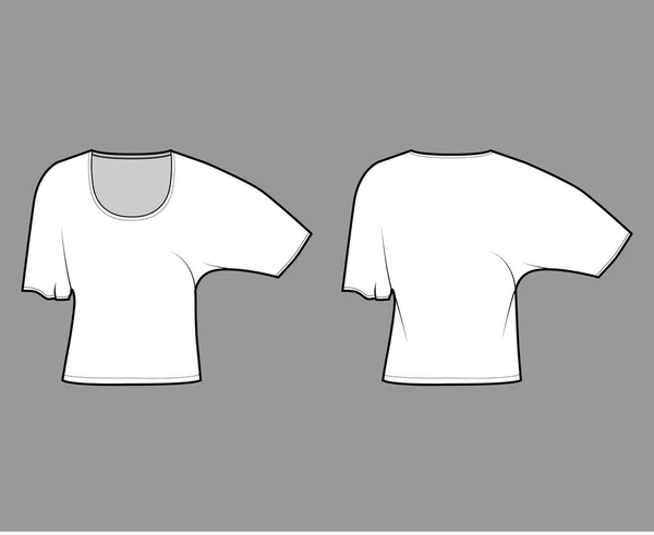 Topp med armbåge batwing ärmar teknisk mode illustration med relax passform, under midjelängd, rund halsringning. Platt — Stock vektor