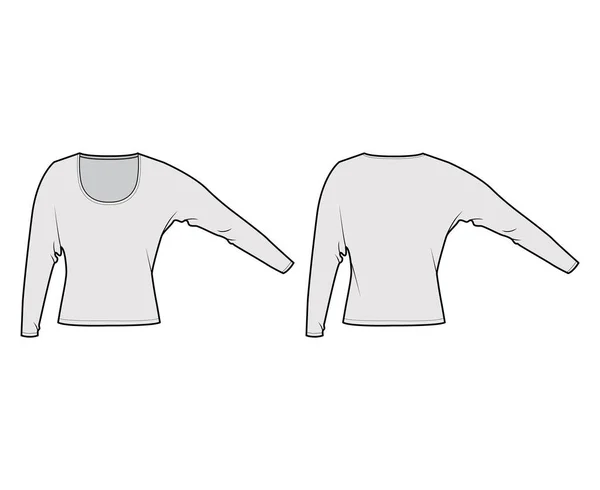 Top con mangas dolman largas ilustración técnica de moda con ajuste relajante, bajo la longitud de la cintura, escote redondo. Plano — Vector de stock