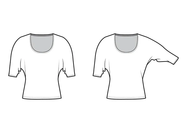 Conjunto de Tops con mangas dolman codo ilustración técnica de moda con ajuste relajado, bajo la longitud de la cintura, escote redondo — Vector de stock