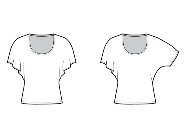 Conjunto de Tops con mangas de bateo medianas ilustración técnica de moda con ajuste relajado, bajo la longitud de la cintura, cuello redondo — Vector de stock