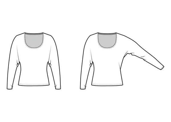 Conjunto de Tops com mangas dolman longas ilustração de moda técnica com ajuste de relaxamento, sob o comprimento da cintura, decote redondo — Vetor de Stock