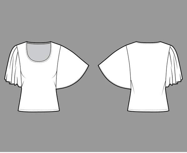 Parte superior com mangas de cotovelo ilustração de moda técnica com ajuste de relaxamento, sob o comprimento da cintura, decote redondo. Plano —  Vetores de Stock