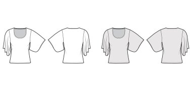 Üstte dirsek kimonosu kollu, rahat formda, bel altında, yuvarlak yakalı, teknik moda illüstrasyonlu. Düz