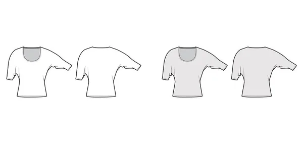 Top avec manches dolman coude illustration de mode technique avec ajustement relax, longueur sous la taille, encolure ronde. Plat — Image vectorielle