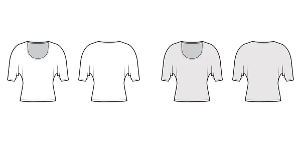 Top s lokty dolman rukávy technické módní ilustrace s relaxační fit, pod pas délky, kulatý výstřih. Flat — Stockový vektor