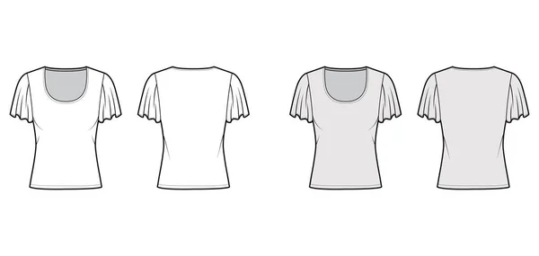 Top s krátkými rukávy technické módní ilustrace s relaxační fit, pod pas délky, kulatý výstřih. Flat — Stockový vektor