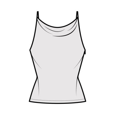 Yüksek tanklı, ince ayarlanabilir kayışlı, ince kesimli, uzun kenarlı bir moda illüstrasyonu. Düz giysi. 