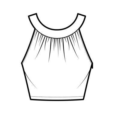 Kırpılmış üst yuvarlak boyunluk tankı teknik moda illüstrasyonları, takılı, düğmeli anahtar deliği, bel uzunluğu. 