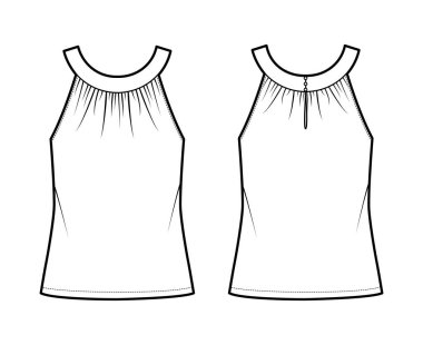 Üst düzey boyun bandı, teknik moda illüstrasyonu, büyük boy, düğme deliği, tunik uzunluk aşımı