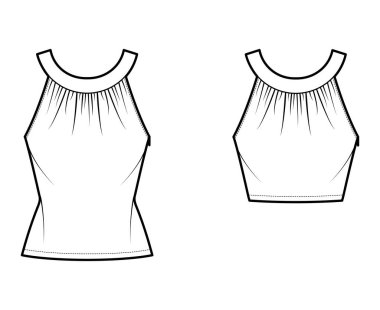 Tops 'un yuvarlak boyunluklu tankı. Teknik moda illüstrasyonu. Çırpma, uygun vücut, tunik ve bel kenarlı.