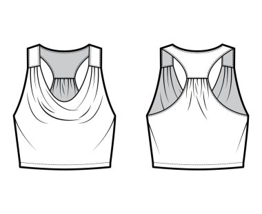 Tank yarış önlüğü üst düzey teknik moda illüstrasyonlu, geniş, bel uzunluğunda. Düz giyim.
