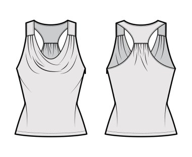 Tank yarış önlüğü, üst düzey teknik moda illüstrasyonları. Çırpma, uygun vücut, tunik uzunluk. Düz giyim. 