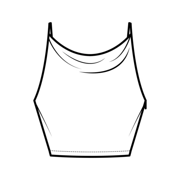 Tank high cowl Crop Camisole technical fashion illustration with thin adjustable straps, slim fit, waist length. Flat — Stock Vector