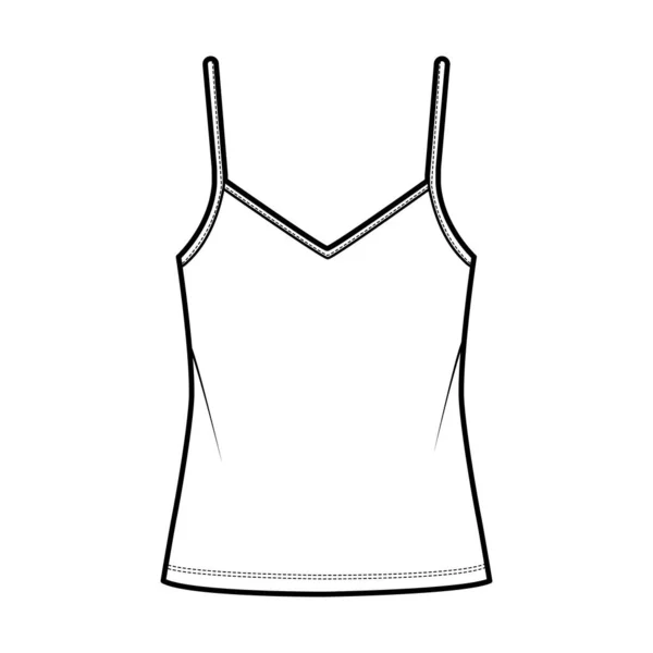 Camisole V-neck 면화 - 셔츠 맨 위 기술적 인 패션 삽화얇은 조정 가능 한 끈, 너무 큰, 튜닉 길이. — 스톡 벡터
