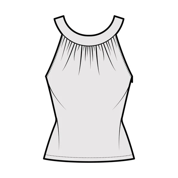 Top arredondado pescoço banda tanque técnico moda ilustração com ruching, corpo equipado, botão fechadura, comprimento túnica. — Vetor de Stock