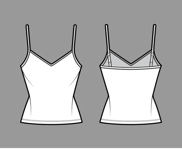 Camisole V neck algodão-jersey top ilustração de moda técnica com tiras ajustáveis finas, ajuste fino, comprimento da túnica — Vetor de Stock