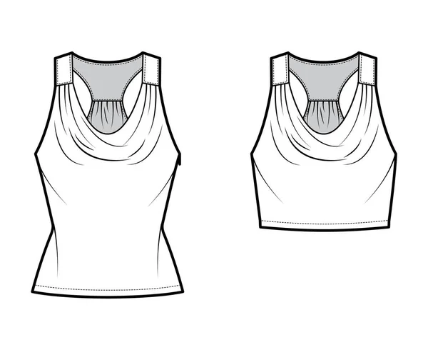 Ensemble de débardeurs dos de course capot crop tops illustration de mode technique avec rucher, corps ajusté, taille et longueur de tunique. — Image vectorielle