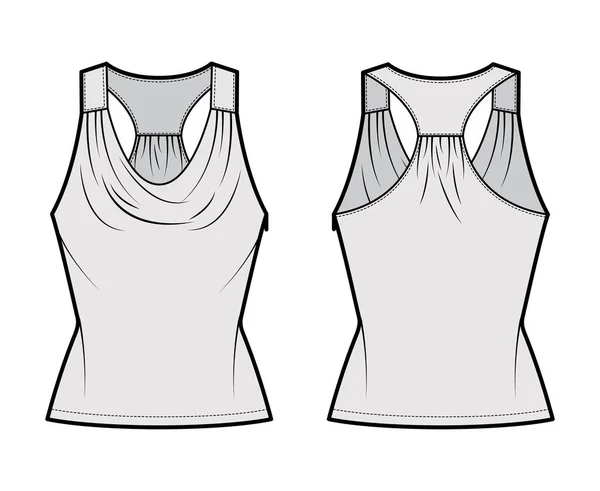 Tanque racerback capuz top técnica de moda ilustração com ruching, corpo equipado, comprimento túnica. Roupa de vestuário plana — Vetor de Stock