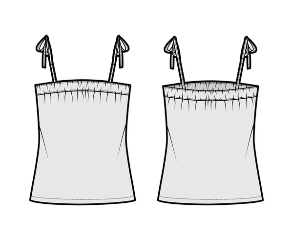 Tank tie strap top ilustração de moda técnica com ruching, oversized, comprimento túnica. Camisa de roupa de vestuário plana — Vetor de Stock
